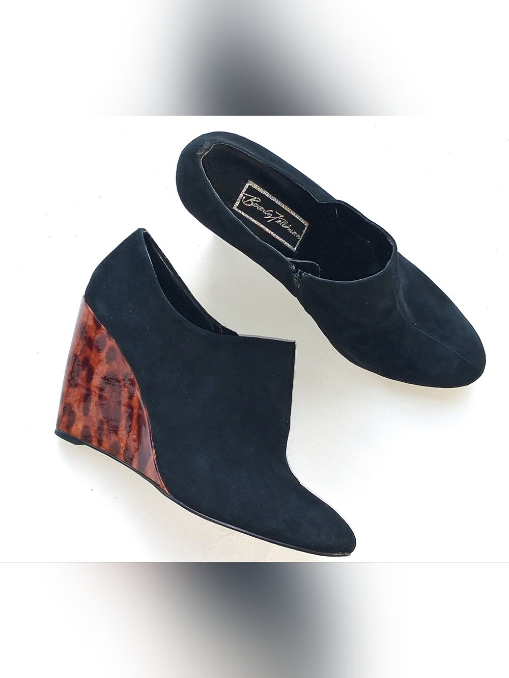 Beverly Feldman Black Suede Wedge Booties with Tortoiseshell Heel